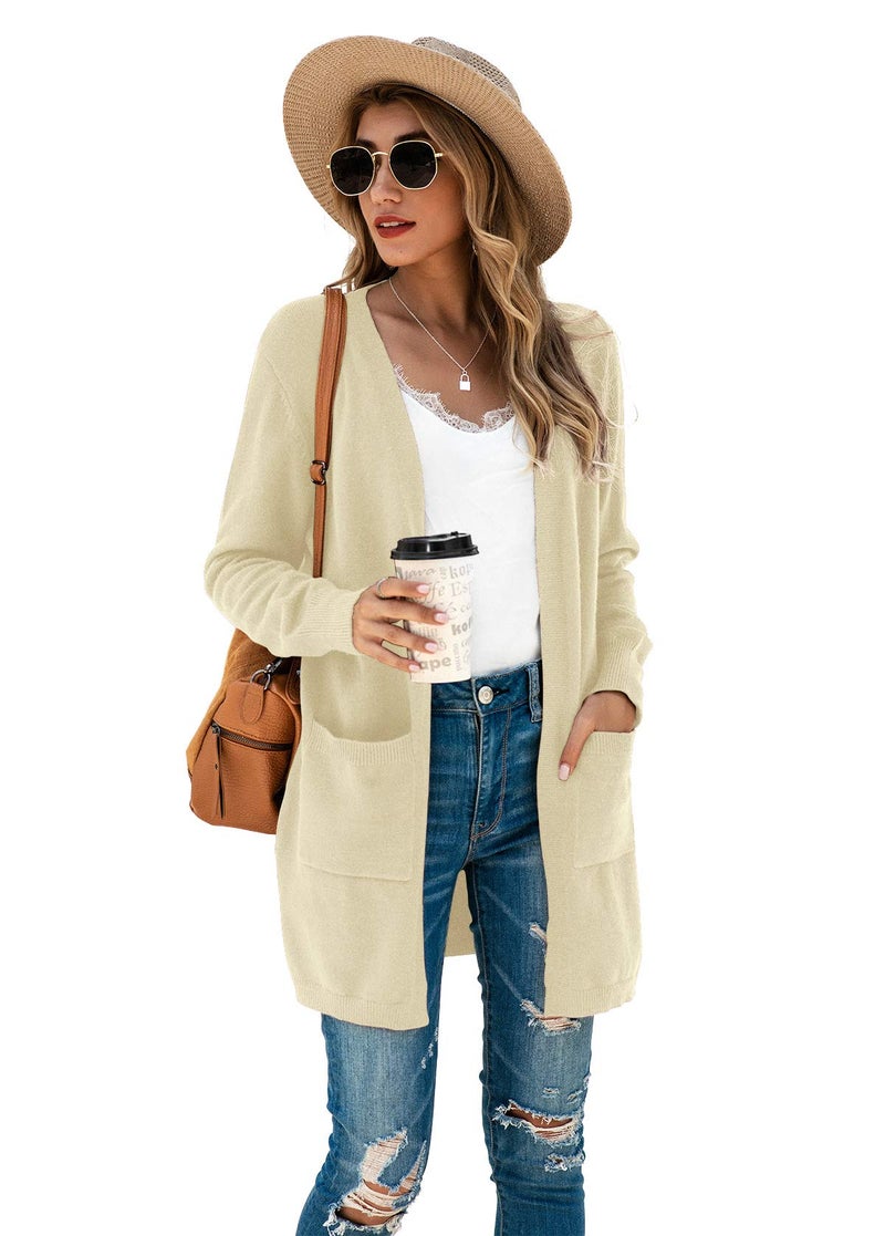 TASAMO Women's Long Sleeve Soft Sweater Open Front Cardigan Outwear with Pockets (Medium,Beige) - Image 2